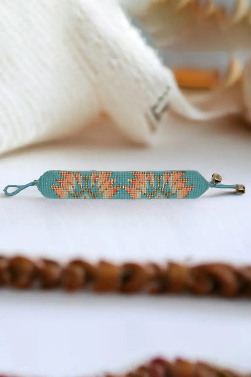 Aqua & Peach Lotus Leaf Beaded Bracelet - Image 3