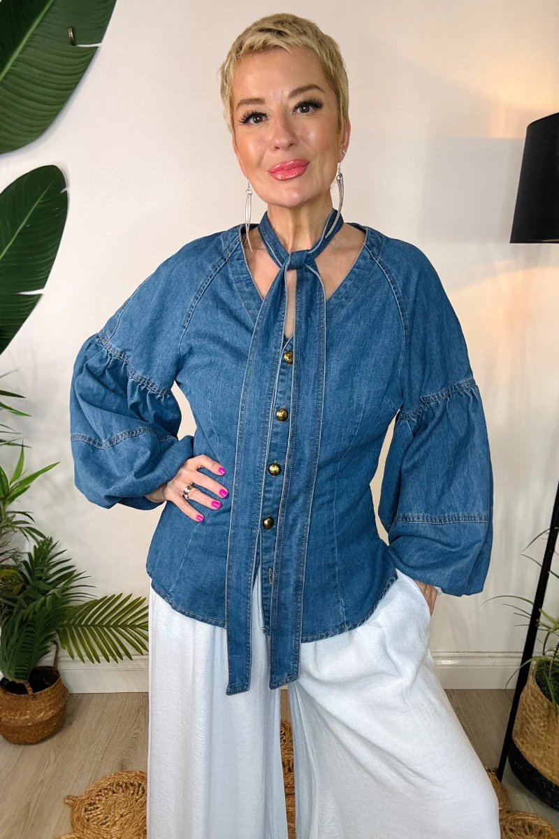 Balloon Sleeve Denim Blouse - Image 4