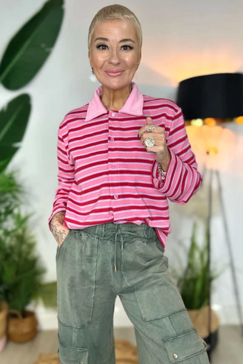 Button Down Stripe Rugby Shirt - Raspberry Ripple - Image 3