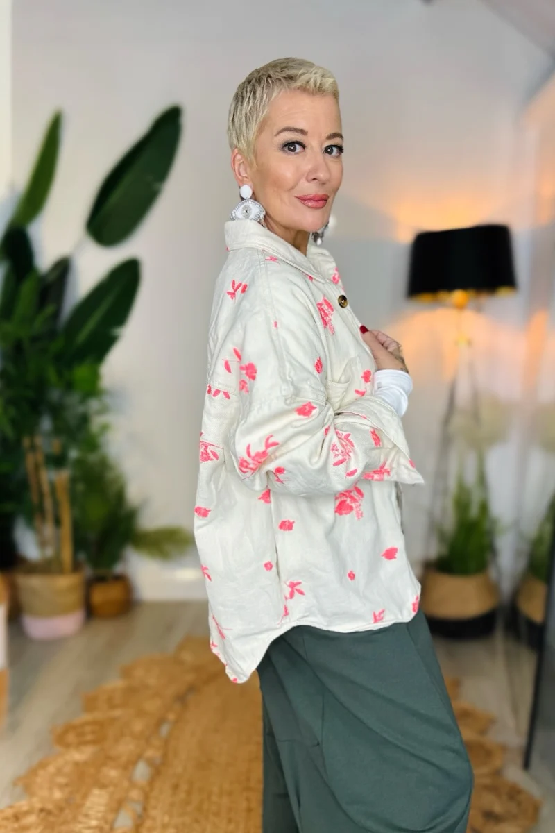 Denim Blossom Shacket - Coral - Image 2
